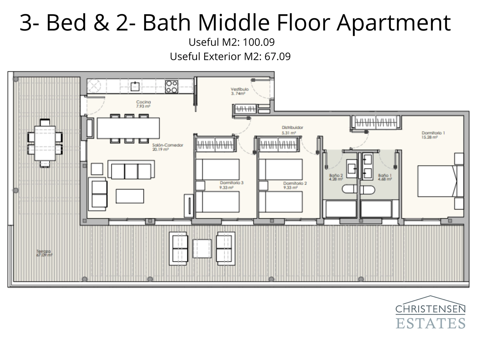 Grundriss einer 3-Zimmer-Etagenwohnung mit 2 Bädern, großen Wohnbereichen und einer herrlichen Terrasse mit toller Aussicht.