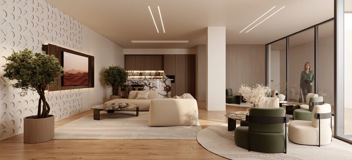 Eine vielseitige Lounge für Bewohner bietet einen komfortablen Raum zum Arbeiten, für Meetings oder geselliges Beisammensein.