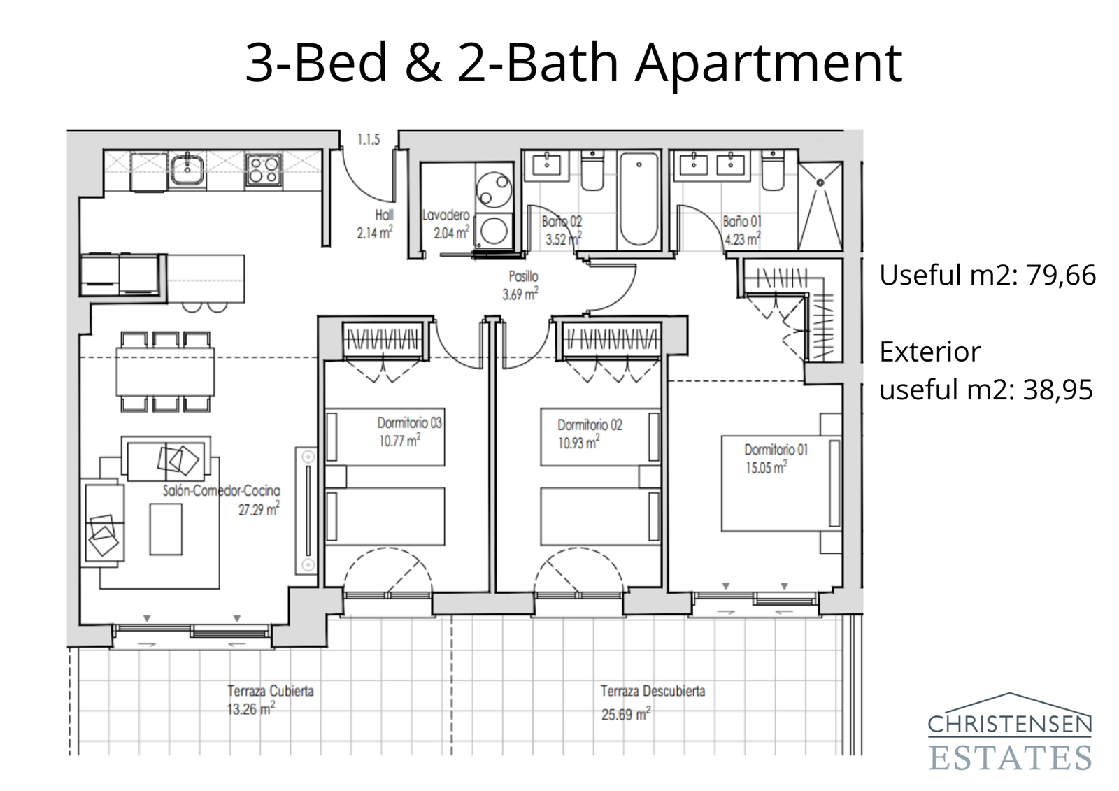 Der geräumige Grundriss der Drei-Schlafzimmer-Wohnung bietet viel Platz für Familien, mit einem großzügigen offenen Wohnbereich und einer weitläufigen Terrasse für den Genuss im Freien.