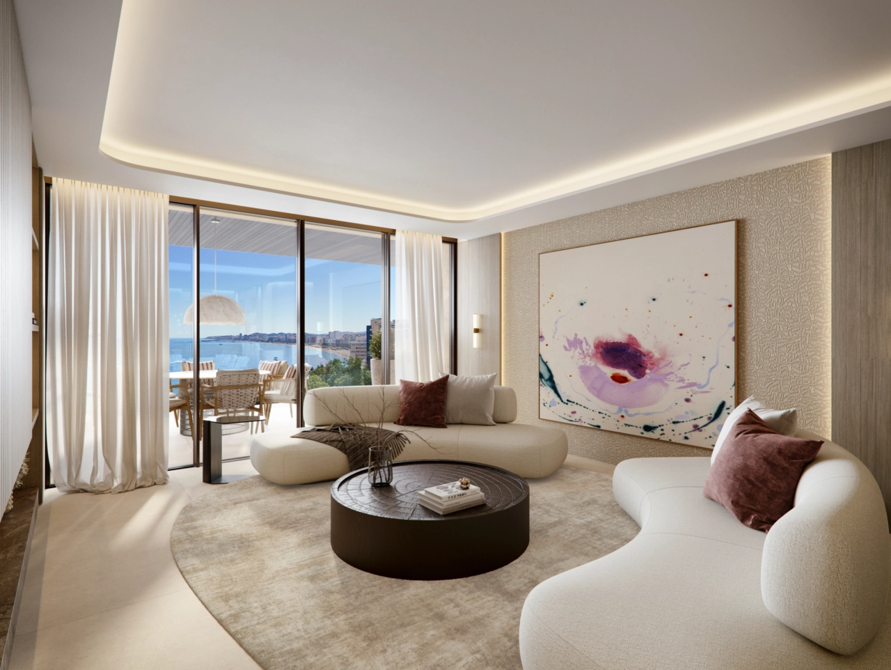 Der Wohnbereich ist so konzipiert, dass er nahtlos auf die Terrasse übergeht und einen hellen und offenen Wohnstil zwischen Innen- und Außenbereich schafft.