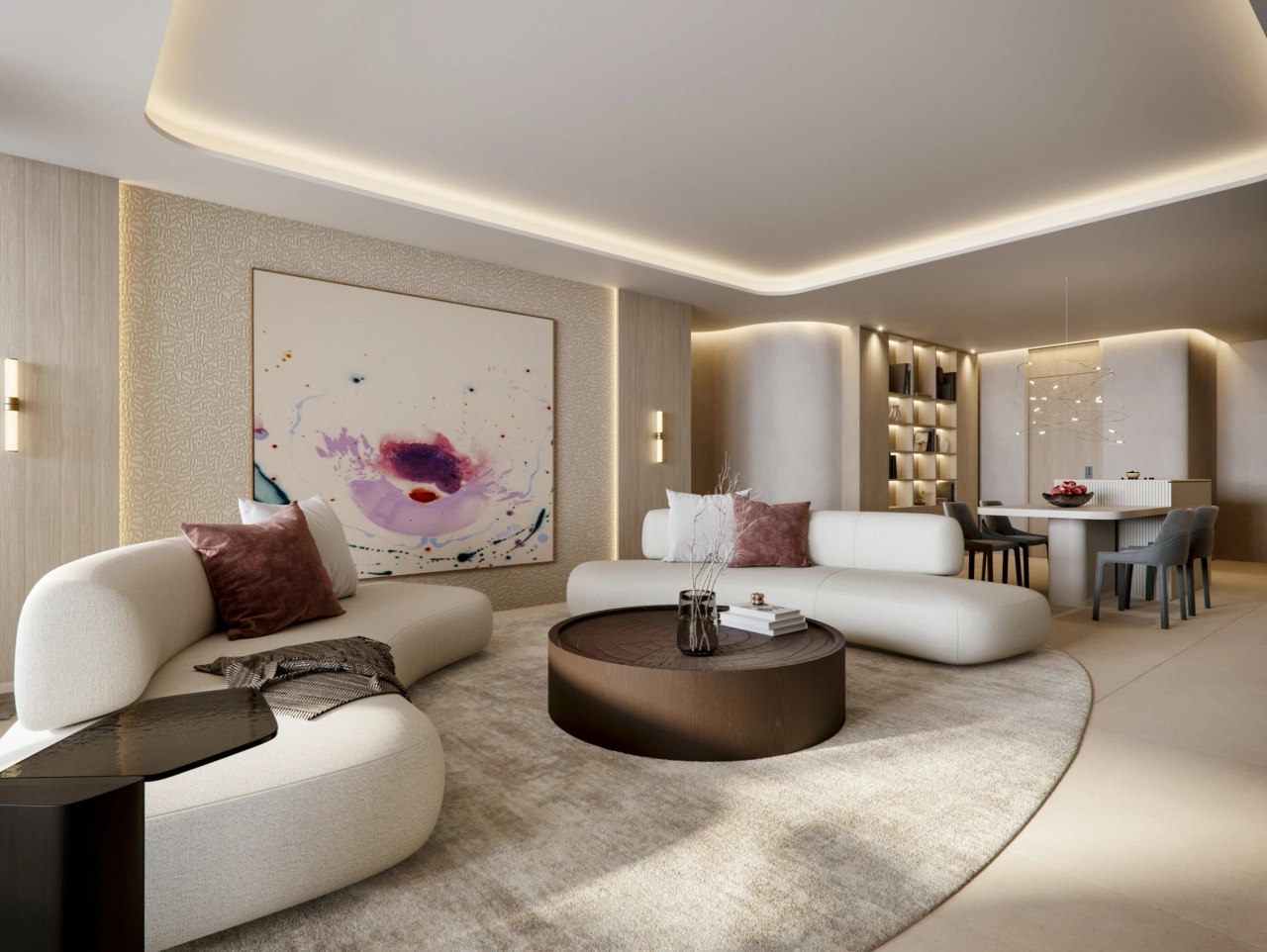 Ein einladendes und ruhiges Wohnzimmer, gestaltet mit weichen Texturen und einer neutralen Farbpalette für ultimativen Komfort.