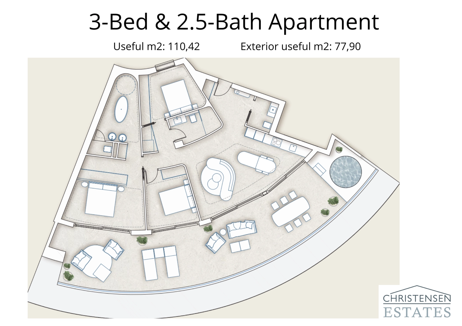 Dieser geräumige Grundriss mit drei Schlafzimmern verfügt über eine weitläufige umlaufende Terrasse, die Innen- und Außenwohnbereiche nahtlos miteinander verbindet.