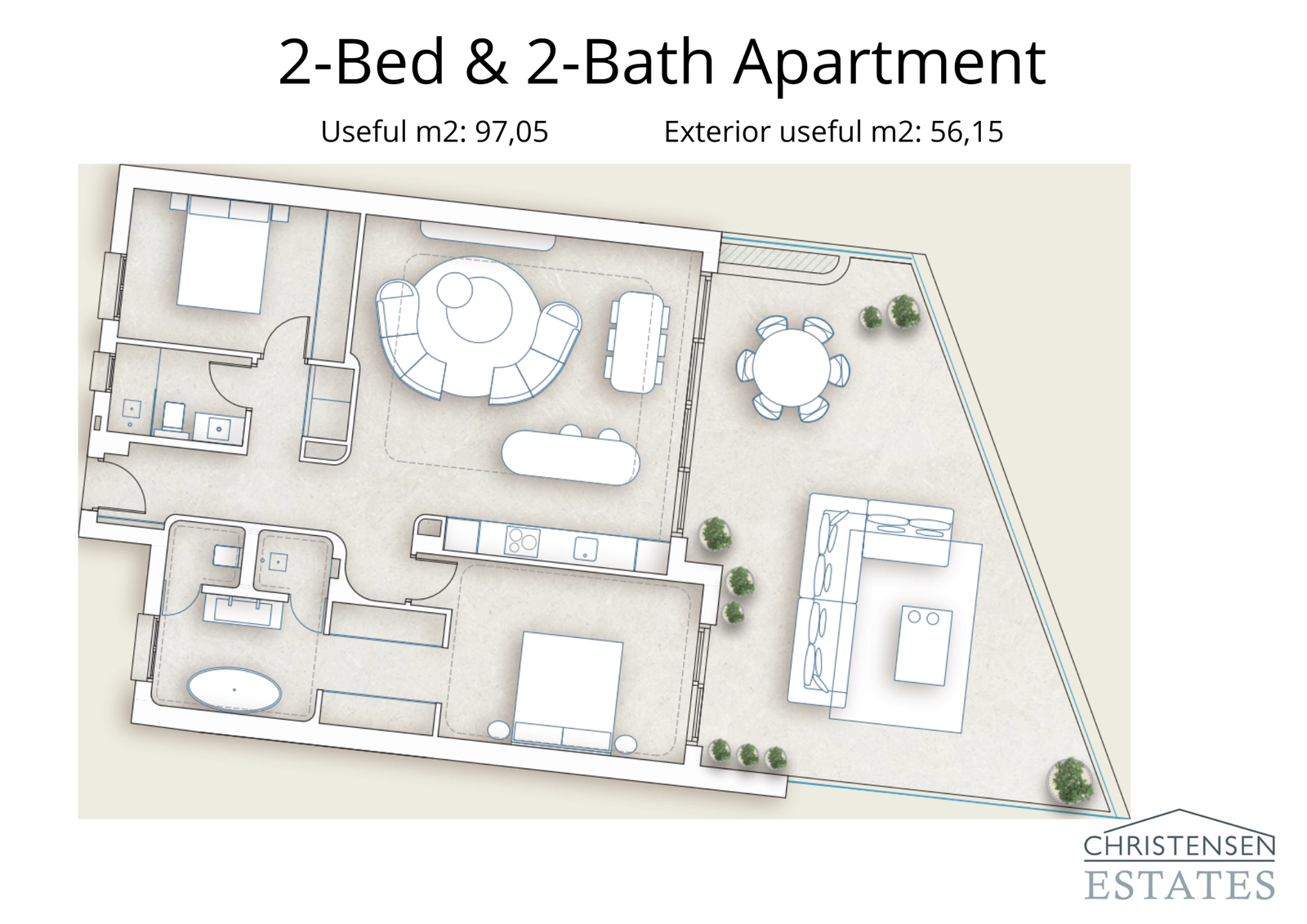 Ein effizient gestalteteter Grundriss mit zwei Schlafzimmern und einem offenen Wohnbereich, der sich auf eine großzügige Terrasse erstreckt – perfekt, um das mediterrane Klima zu genießen.