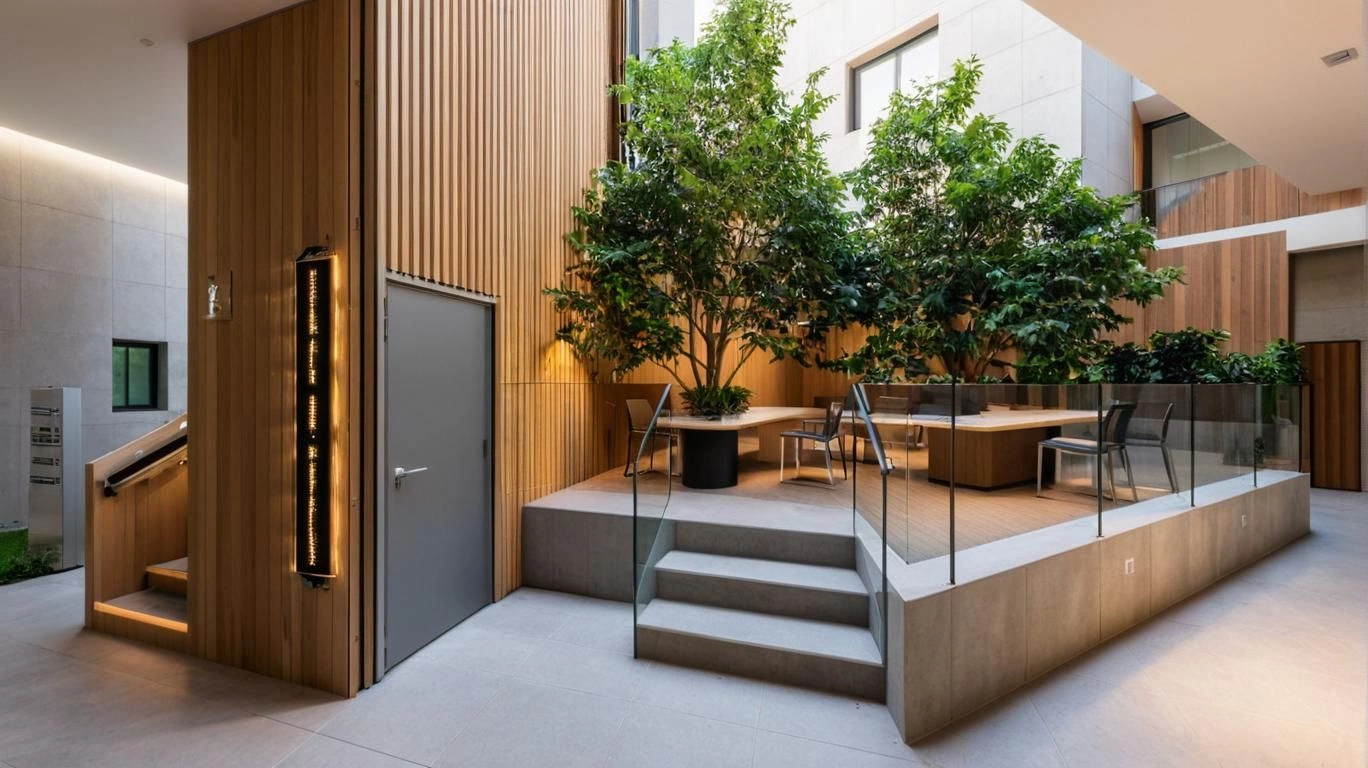 Ein innovativer Open-Air-Co-Working-Bereich, wo natürliches Licht, frische Luft und zeitgenössisches Design die Produktivität und das Wohlbefinden steigern.
