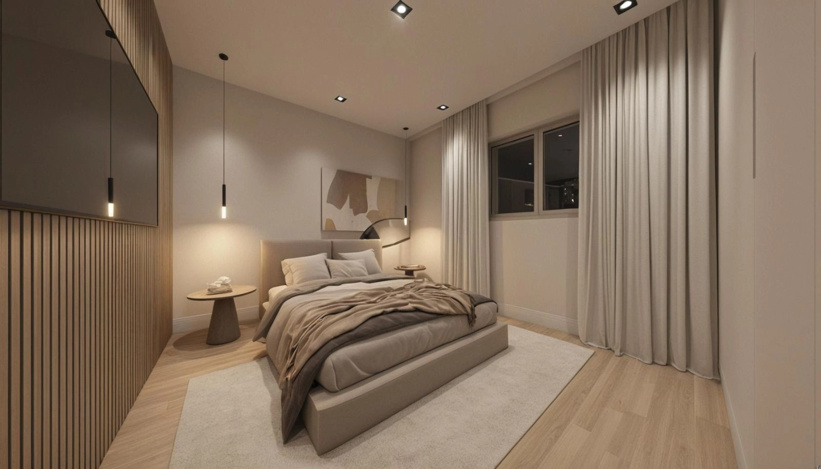 Das Hauptschlafzimmer ist ein privates Refugium mit edlen Materialien und einer beruhigenden Farbpalette, die zu Ruhe und Entspannung einlädt.