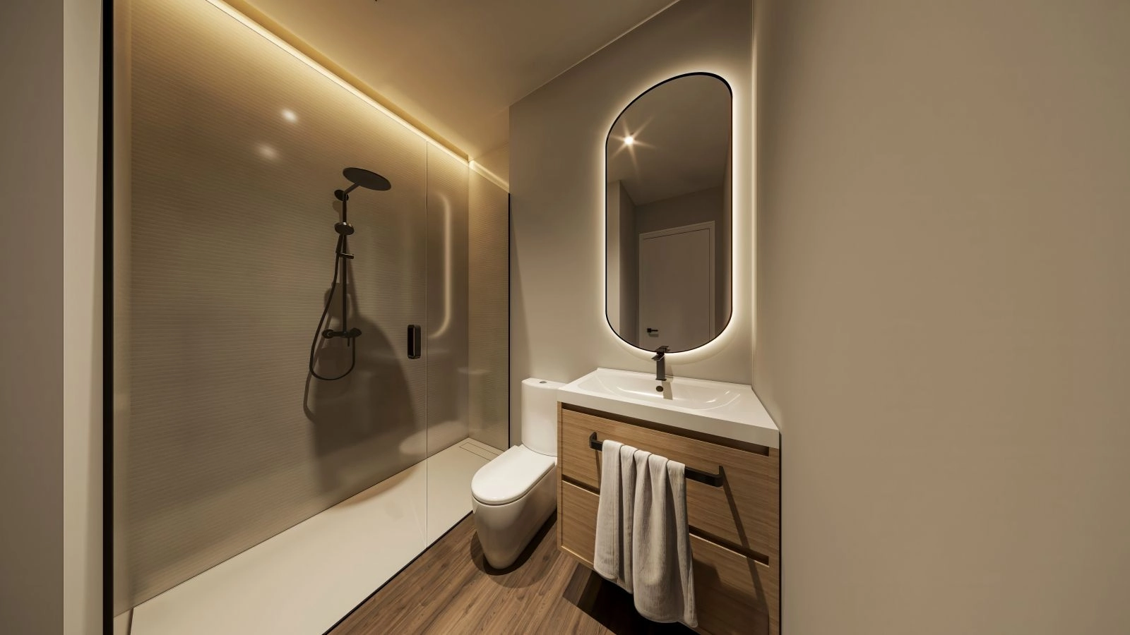 Erleben Sie die perfekte Balance aus Design und Funktion im stilvollen Badezimmer mit hochwertigen Armaturen und edlen Porzellanfliesen.