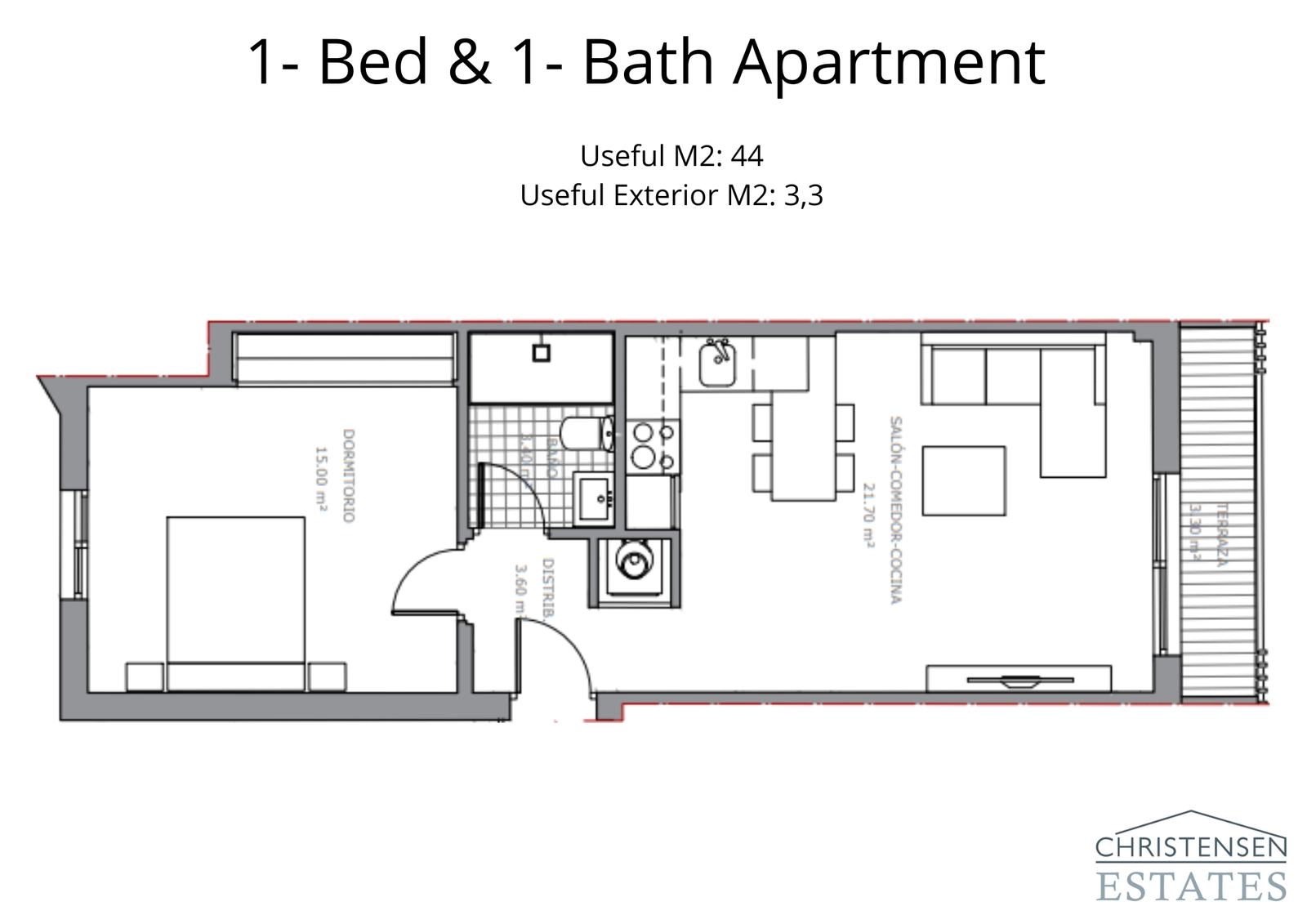 Dieser Grundriss der Ein-Schlafzimmer-Wohnung bietet ein effizientes und offenes Design, das den Wohnbereich nahtlos mit dem Außenbereich verbindet.