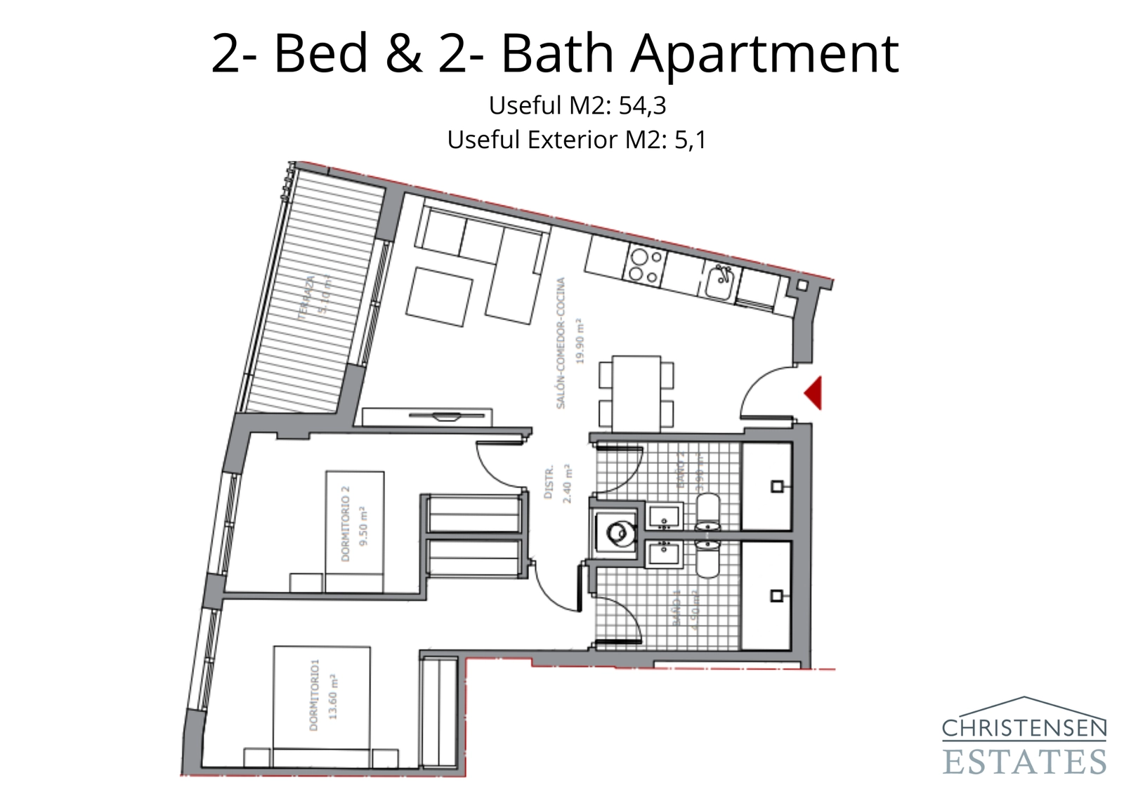 Der Grundriss der Zwei-Schlafzimmer-Wohnung bietet eine klare Trennung zwischen Wohn- und Privatbereichen, um Komfort und Funktionalität für die Bewohner zu maximieren.
