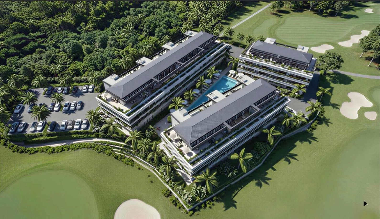 Eine Luftaufnahme, die die drei modernen Gebäude umgeben von grünen Fairways zeigt.