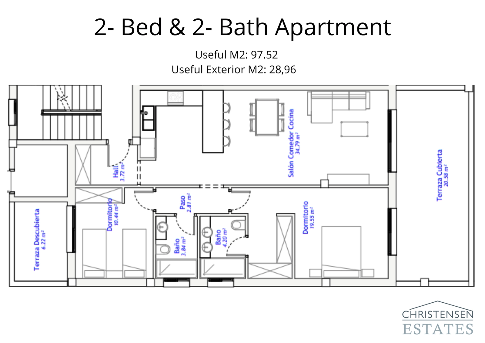 Grundriss einer Wohnung mit zwei Schlafzimmern, die einen geräumigen Wohnbereich und eine große private Terrasse zeigt.