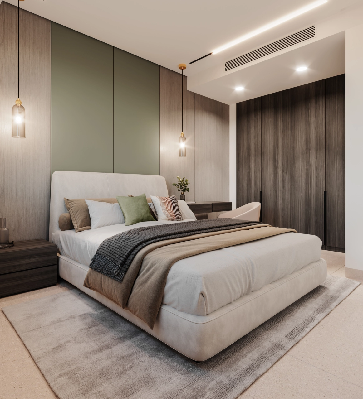 Ein komfortables und stilvolles zweites Schlafzimmer, gestaltet mit warmen Materialien und viel Stauraum.