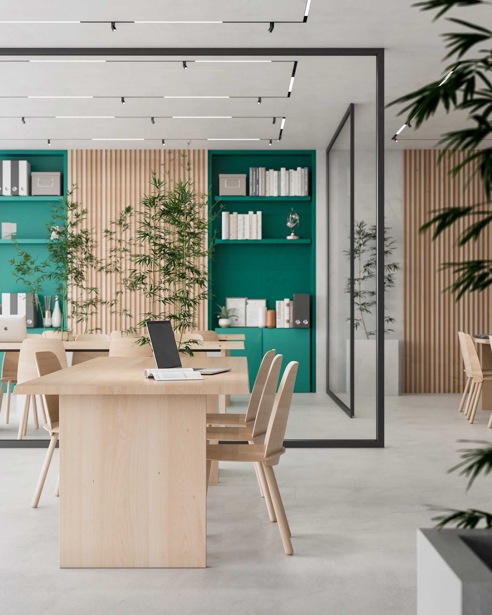 Ein stilvoller und ruhiger Coworking Space, der auf Produktivität ausgelegt ist und den Bewohnern eine komfortable Umgebung bietet.