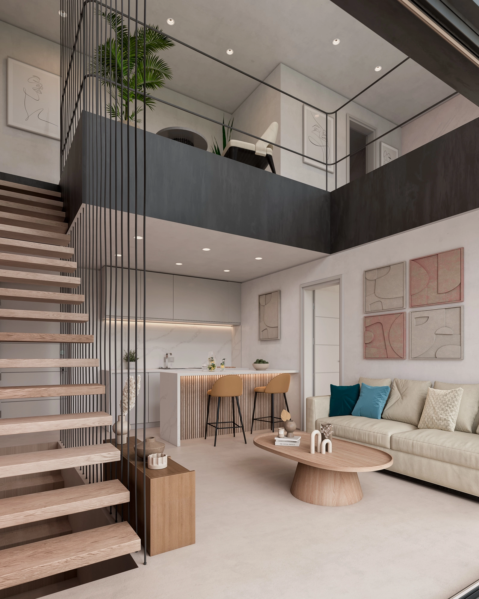 Der offene Wohnbereich kombiniert modernes Design mit einer warmen, einladenden Atmosphäre, perfekt zum Entspannen oder für geselliges Beisammensein.