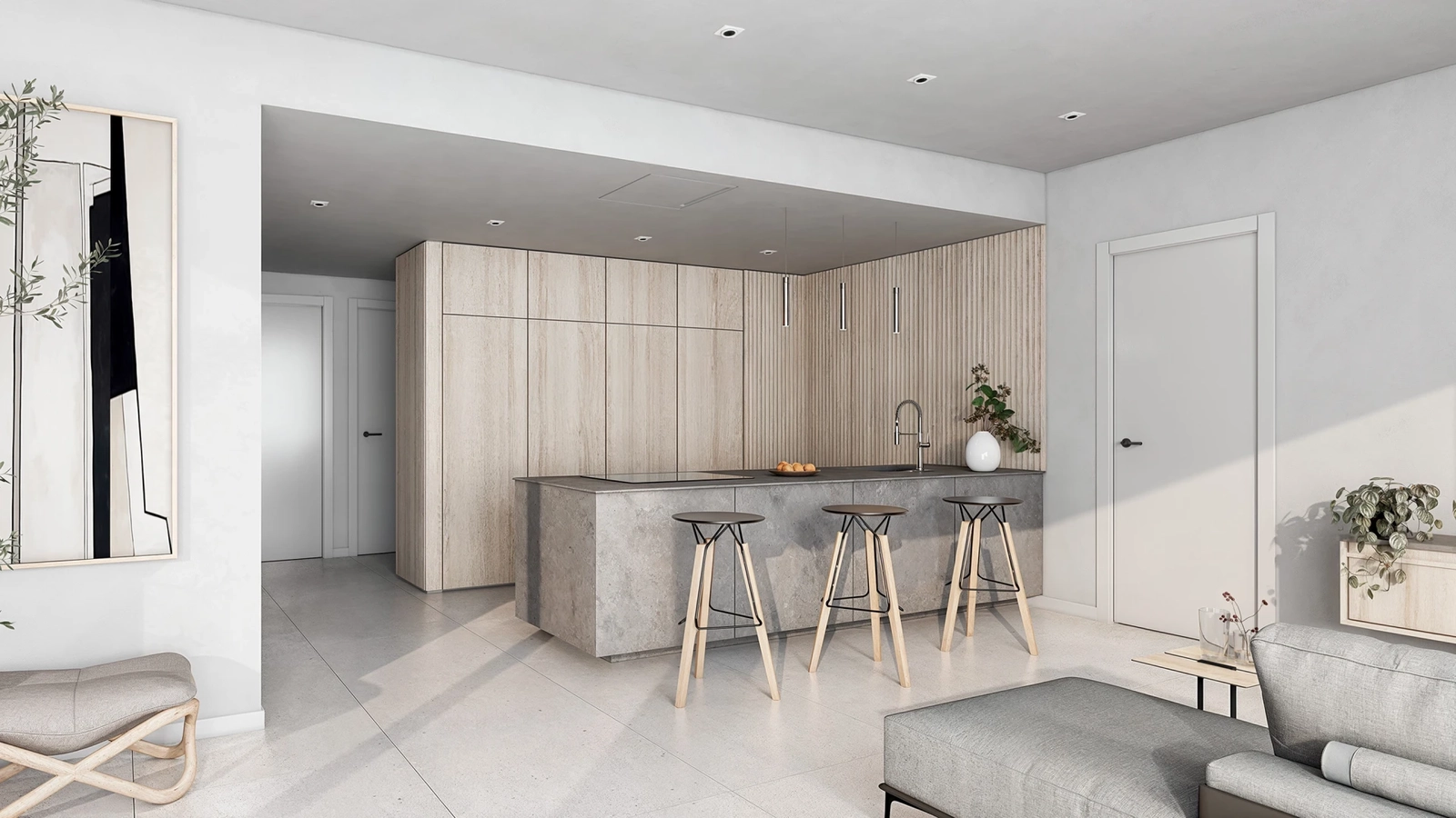 Eine moderne Küche, voll ausgestattet mit hochwertigen Geräten und Oberflächen.