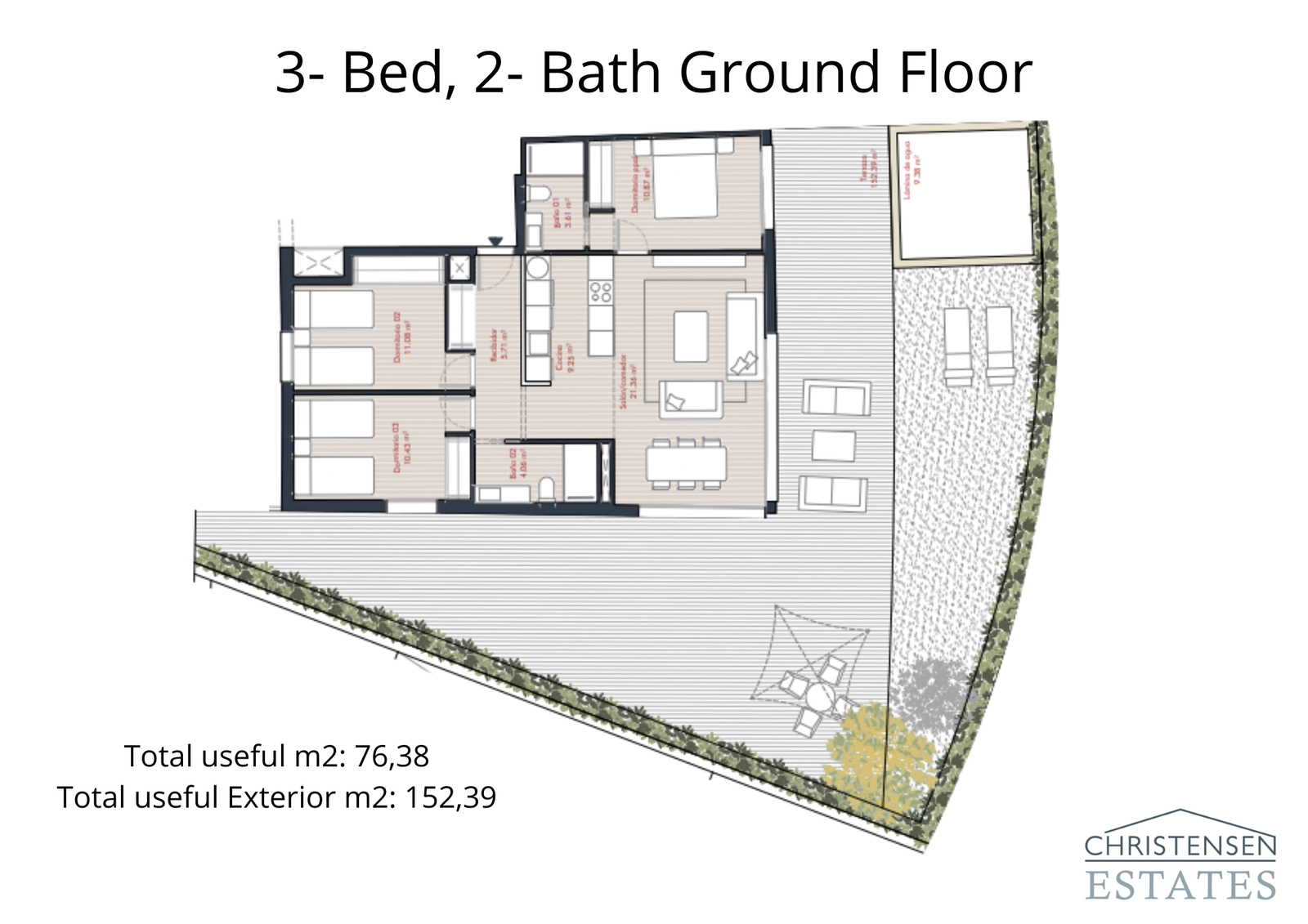 Ein großzügiger Grundriss einer Erdgeschosswohnung mit drei Schlafzimmern und viel Innenraum, verbunden mit einem großen privaten Garten und einer Terrasse.
