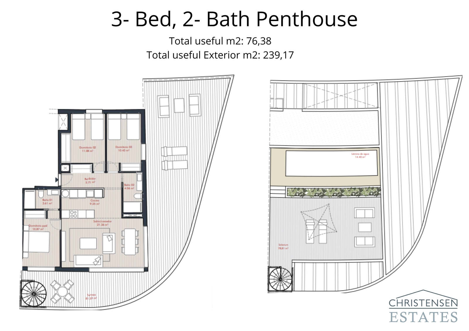 Das Penthouse mit drei Schlafzimmern bietet einen außergewöhnlichen Lebensstil mit seiner weitläufigen Dachterrasse, privatem Pool und Panoramablick.