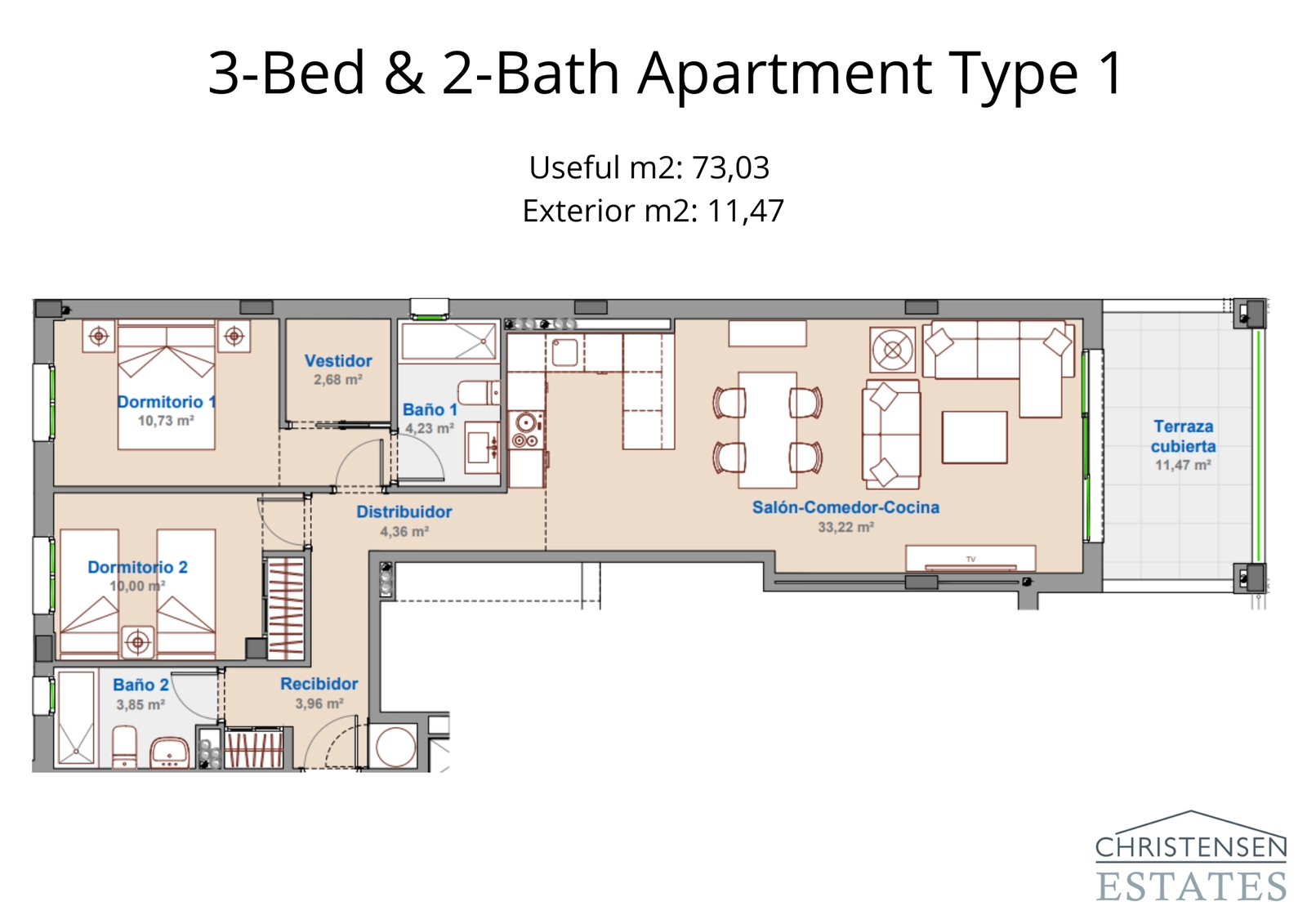 Dieser Grundriss mit drei Schlafzimmern bietet einen offenen Wohnbereich, der nahtlos auf eine private überdachte Terrasse übergeht.