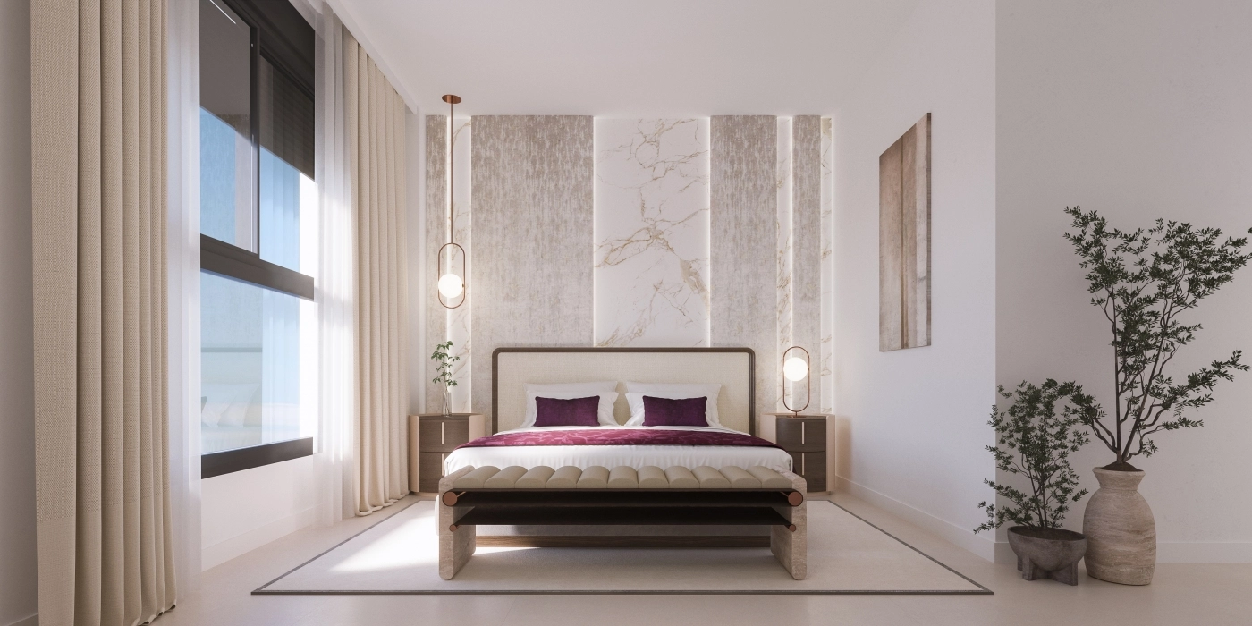 Das Hauptschlafzimmer bietet einen ruhigen Rückzugsort mit elegantem Design und großen Fenstern.