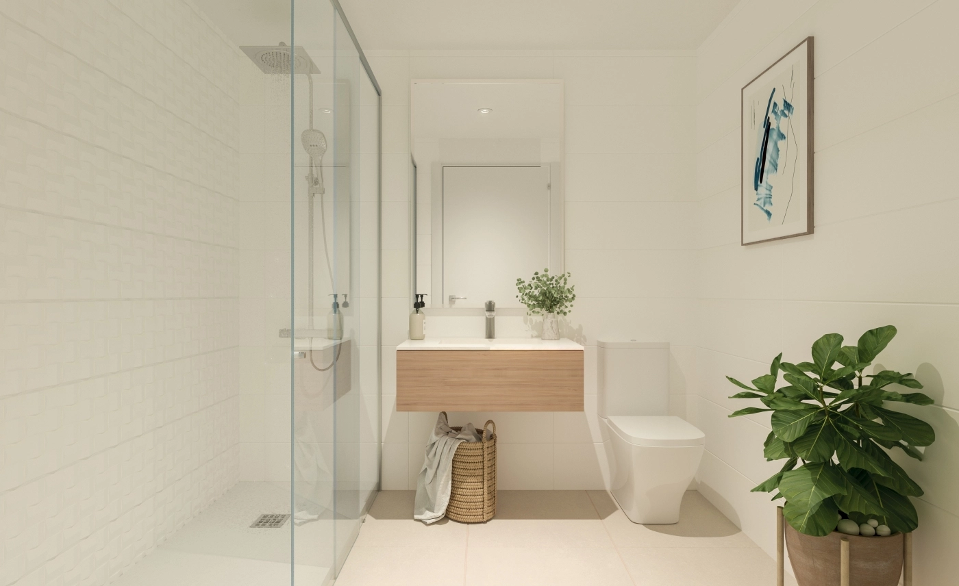 Ein stilvolles und modernes Badezimmer mit hochwertigen Materialien und Oberflächen.