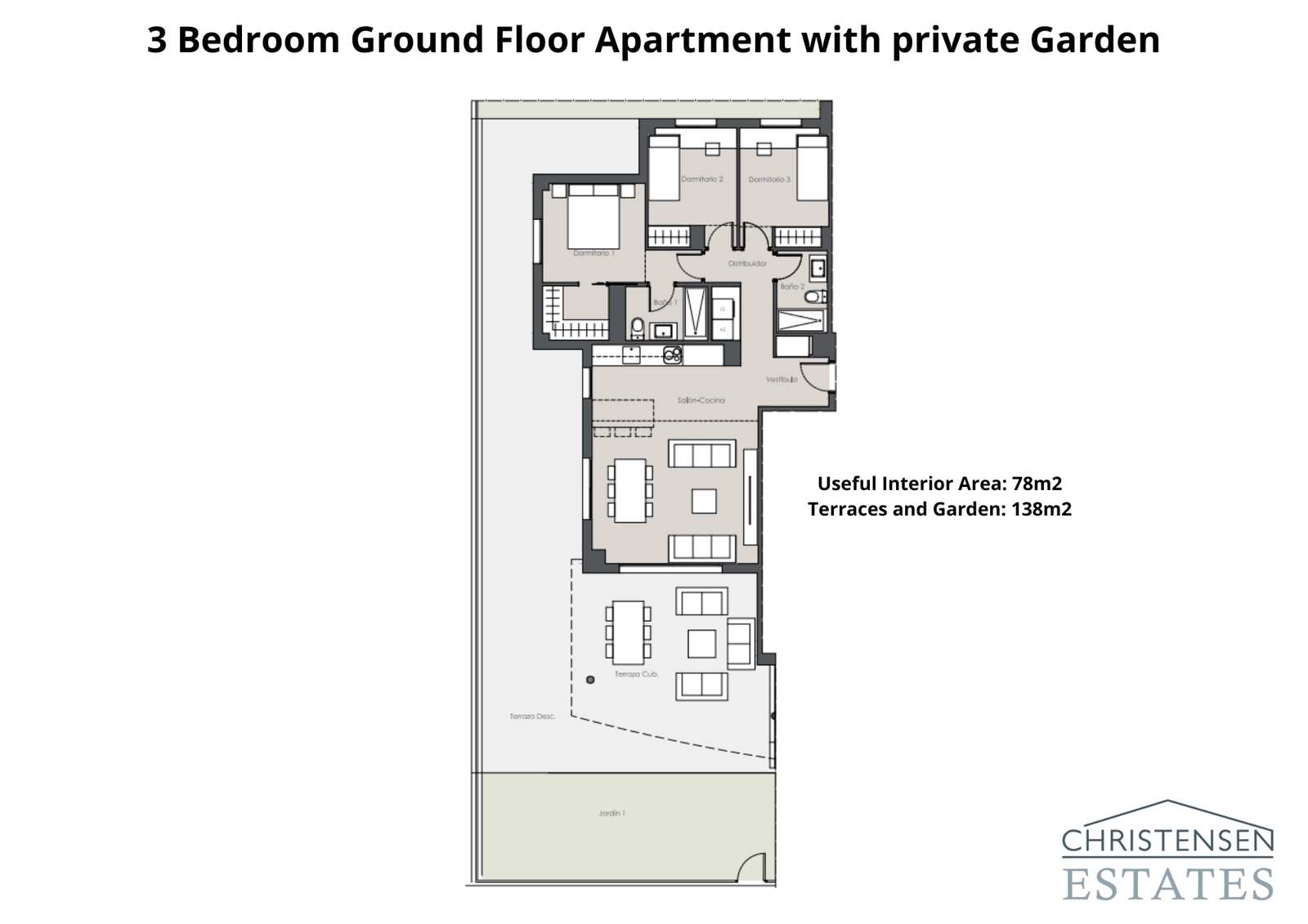 Dieser Grundriss einer Erdgeschosswohnung mit drei Schlafzimmern verfügt über einen großen privaten Garten und eine Terrasse, ideal für einen Indoor-Outdoor-Lebensstil.