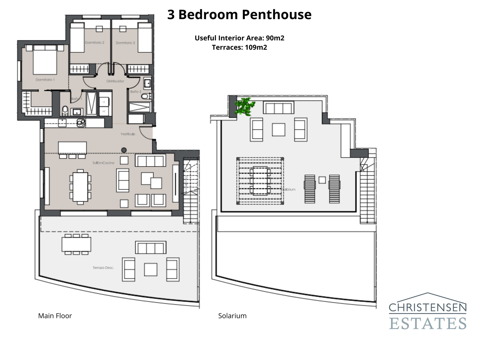 Die Dachgeschosswohnung mit drei Schlafzimmern bietet großzügige Wohnbereiche, eine große Terrasse und ein beeindruckendes Dachsolarium mit unglaublicher Aussicht.