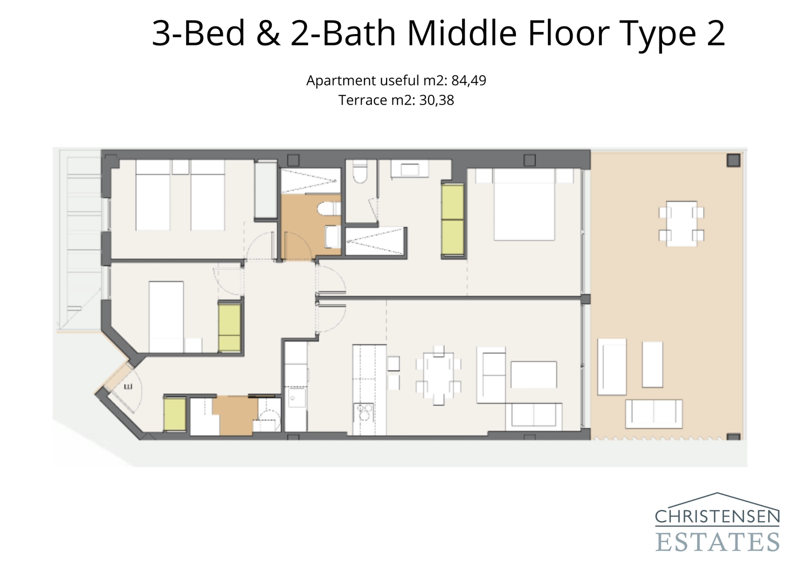 Alternativer Grundriss mit drei Schlafzimmern, der eine intelligente Raumaufteilung und eine große private Terrasse bietet.