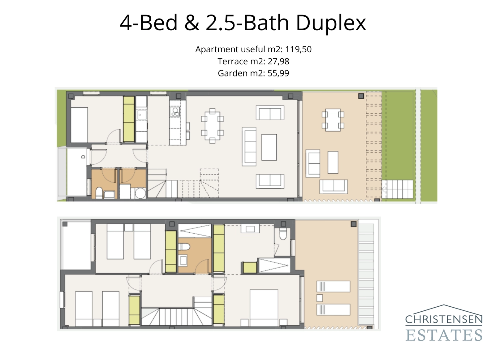 Grundriss einer Maisonette-Wohnung mit vier Schlafzimmern, die zwei Ebenen anspruchsvollen Wohnraums mit einem privaten Garten bietet.