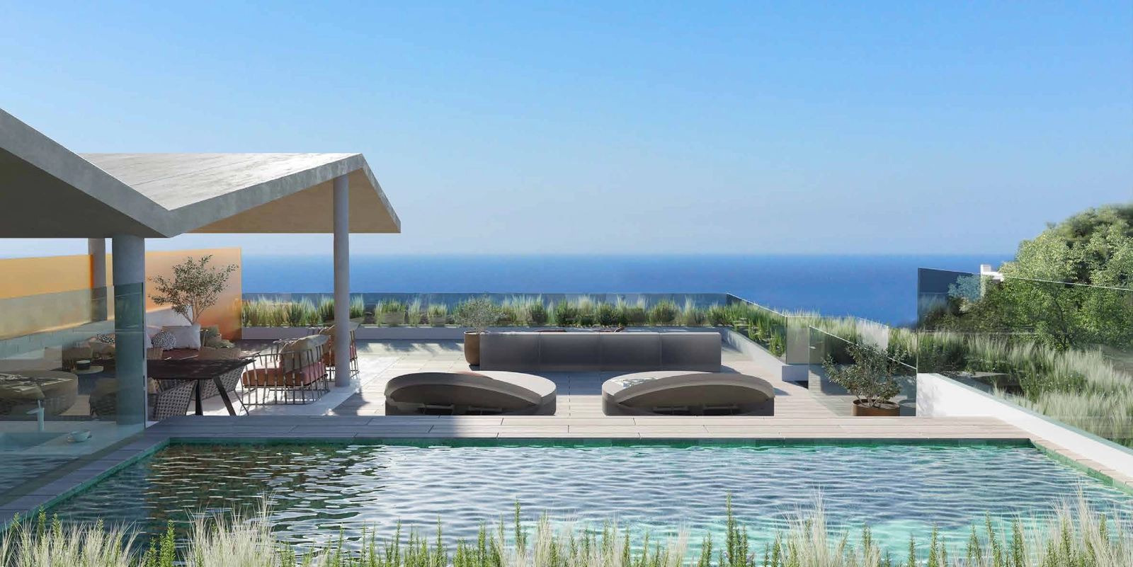 Das Dachgeschoss-Solarium bietet einen perfekten Rahmen für Unterhaltung mit Panoramablick auf das Meer.