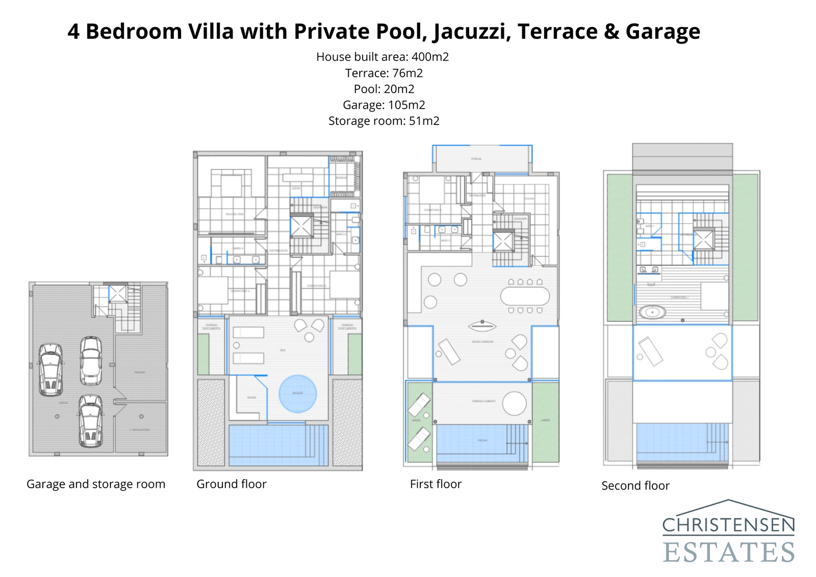 Grundriss der prächtigen 400 m² großen Villa mit vier Schlafzimmern, der das großzügige mehrstöckige Design, die Garage, den privaten Pool und die weitläufigen Terrassen zeigt.