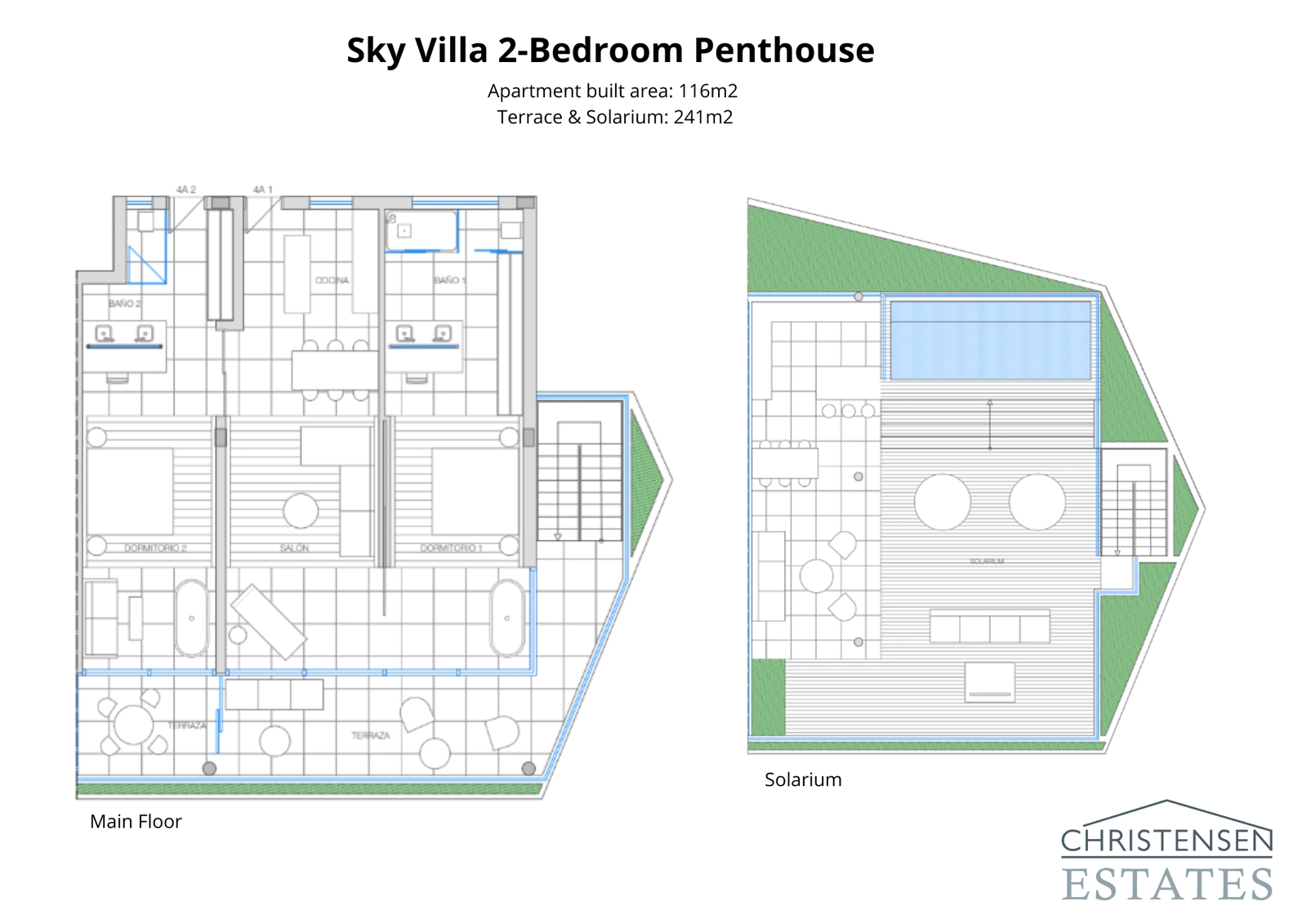 Entdecken Sie den Grundriss der Sky Villa, einer Dachgeschosswohnung mit zwei Schlafzimmern, einem großzügigen Hauptgeschoss und einem spektakulären privaten Solarium mit Pool.