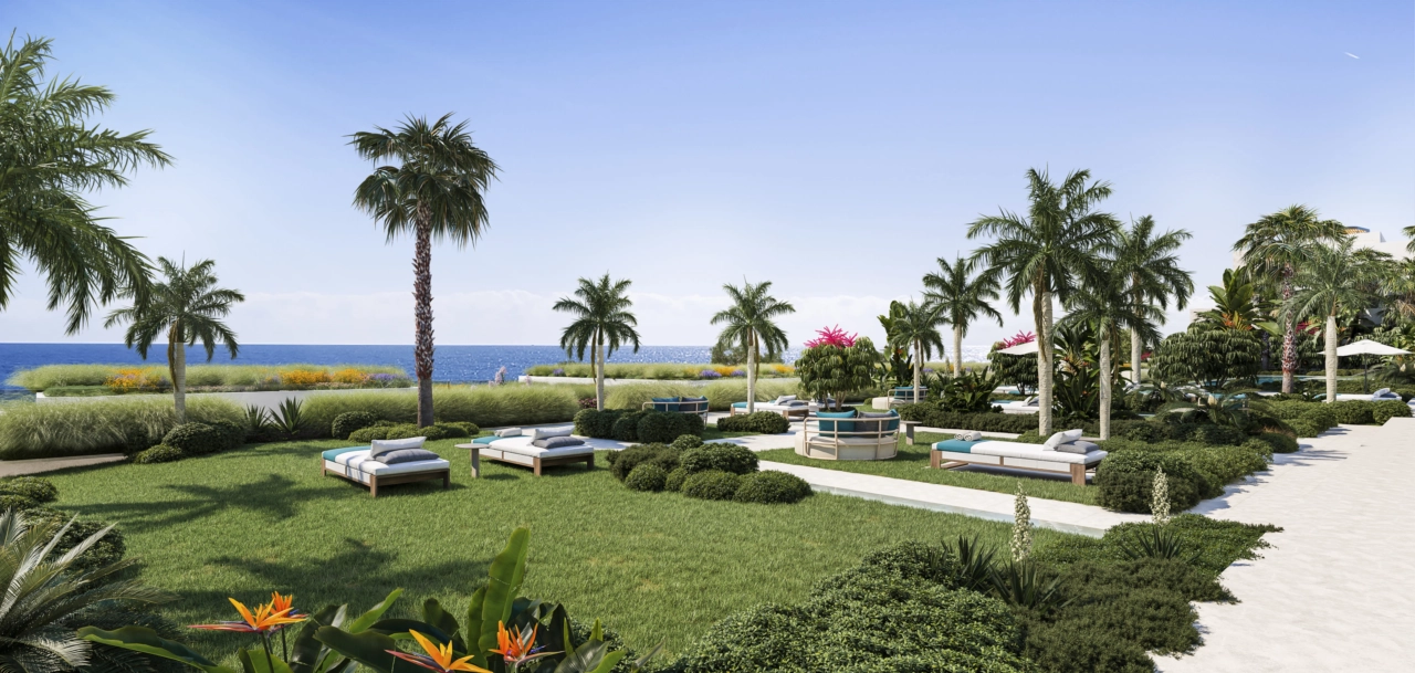 Üppige Gemeinschaftsgärten bieten den Bewohnern eine friedliche Oase mit direktem Zugang zum Strand.