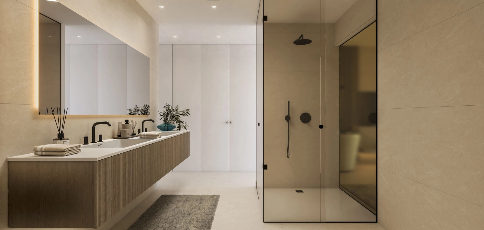 Elegante und moderne Badezimmer, gestaltet mit hochwertigen Materialien und Oberflächen für ein Spa-ähnliches Erlebnis.