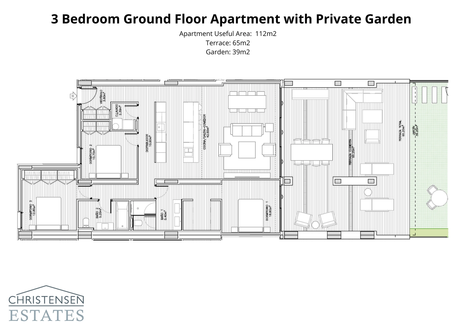 Grundriss einer Dreizimmer-Erdgeschosswohnung, der die Verbindung zwischen großzügigen Innenräumen und einem weitläufigen privaten Garten zeigt.