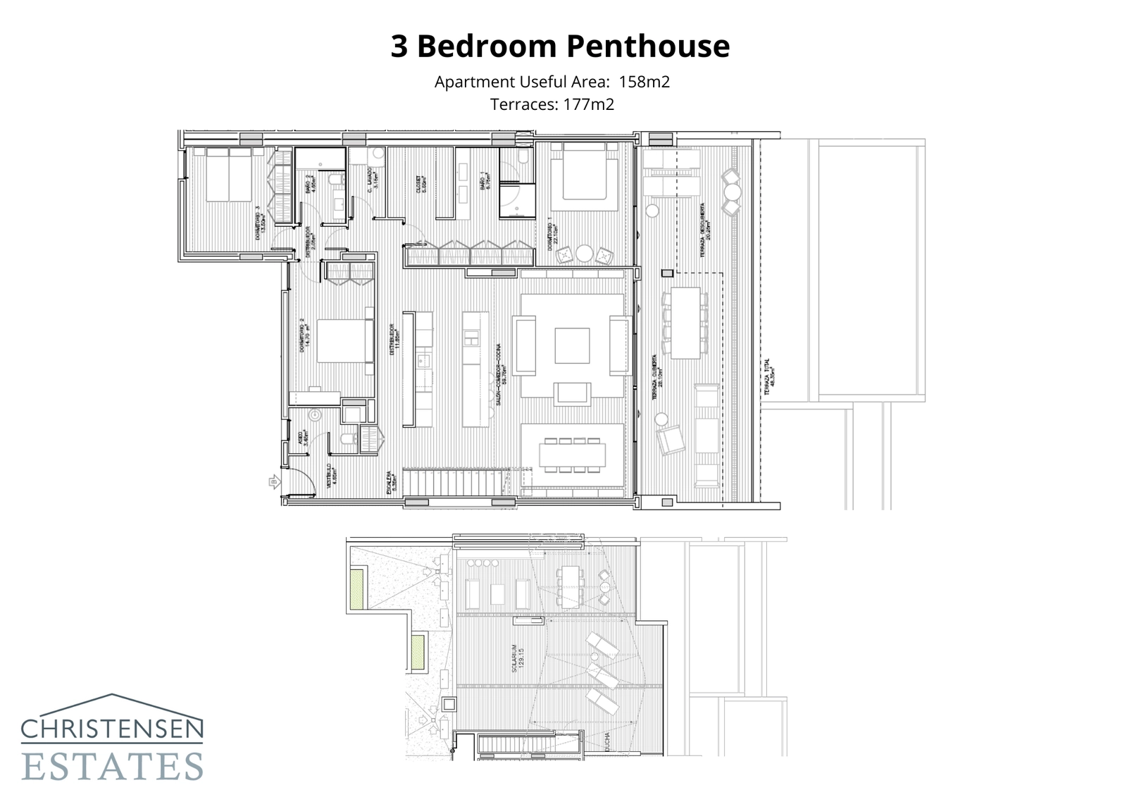 Entdecken Sie das außergewöhnliche Design einer Dreizimmer-Dachgeschosswohnung, komplett mit einem riesigen Dachsolarium für einen unvergleichlichen Lebensstil.