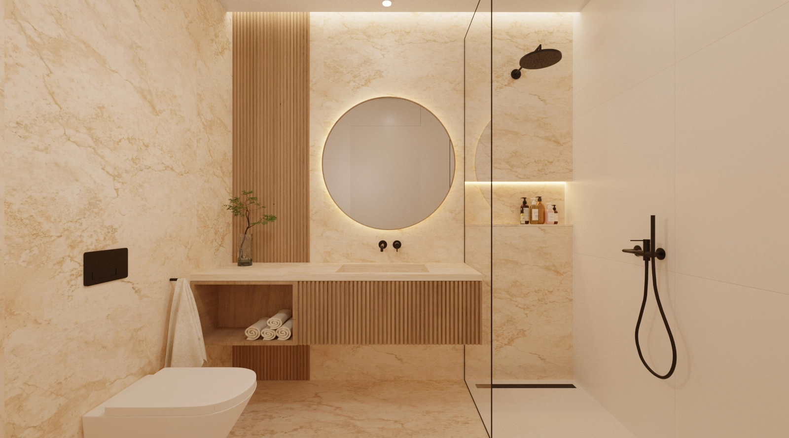 Ein luxuriöses Badezimmer, das natürliche Texturen mit modernen Armaturen kombiniert.