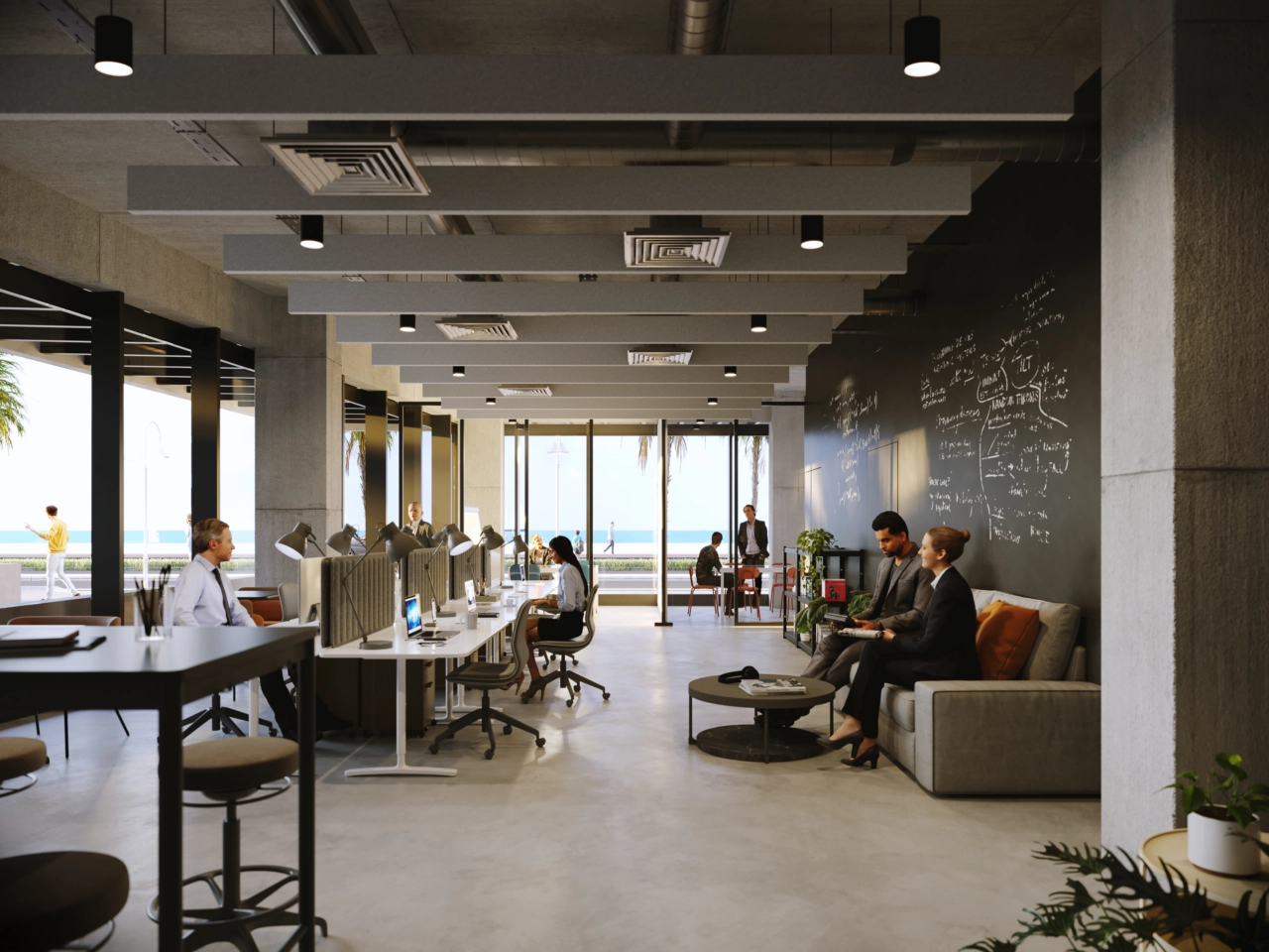 Ein moderner Co-Working-Bereich für Bewohner, um bequem zu arbeiten oder sich zu treffen.