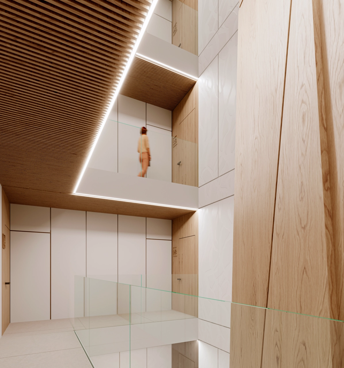 Das Atrium des Gebäudes besticht durch wunderschönes Holz und natürliches Licht.