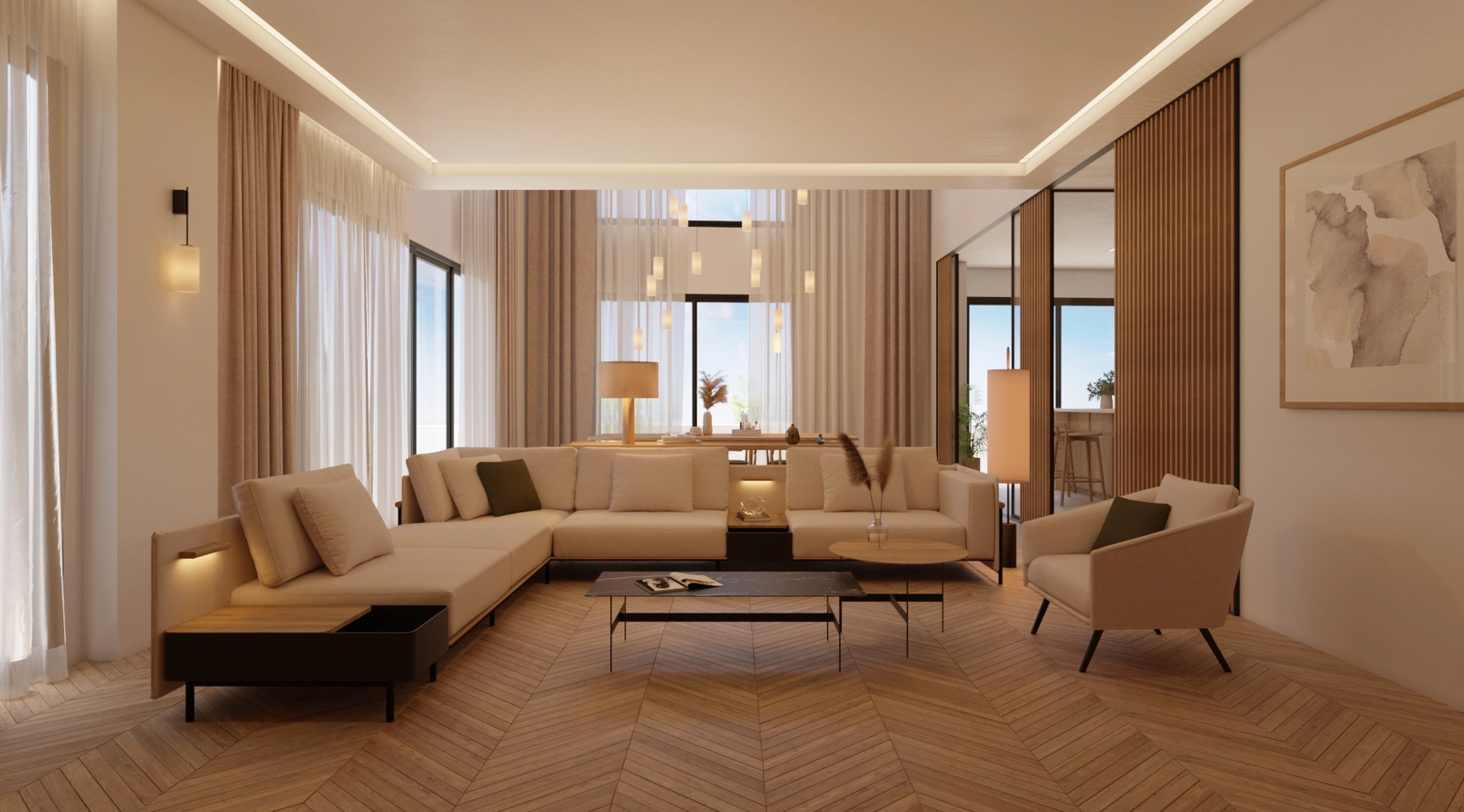 Ein stilvoller Wohn- und Essbereich, perfekt um Gäste zu empfangen.