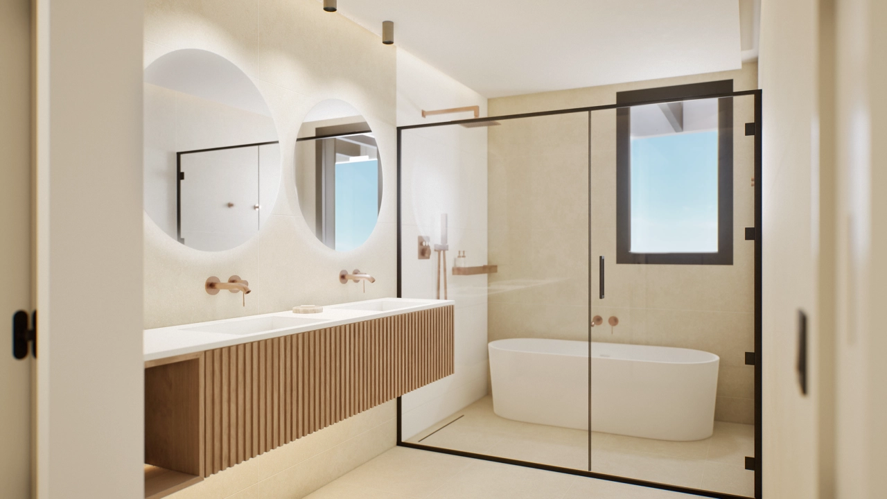 Elegante Badezimmer mit edlen Materialien und raffinierten Designdetails.