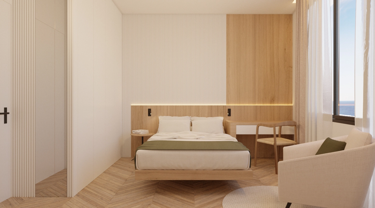 Ein komfortables und stilvolles Schlafzimmer, konzipiert für Ruhe und Entspannung.