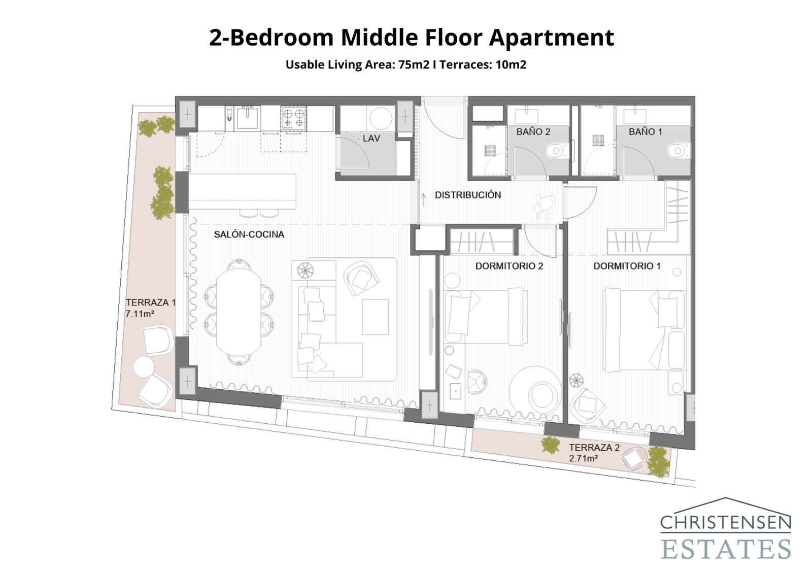 Diese Zwei-Schlafzimmer-Wohnung bietet einen offenen Wohnbereich und zwei Terrassen, ideal um das Küstenklima zu genießen.