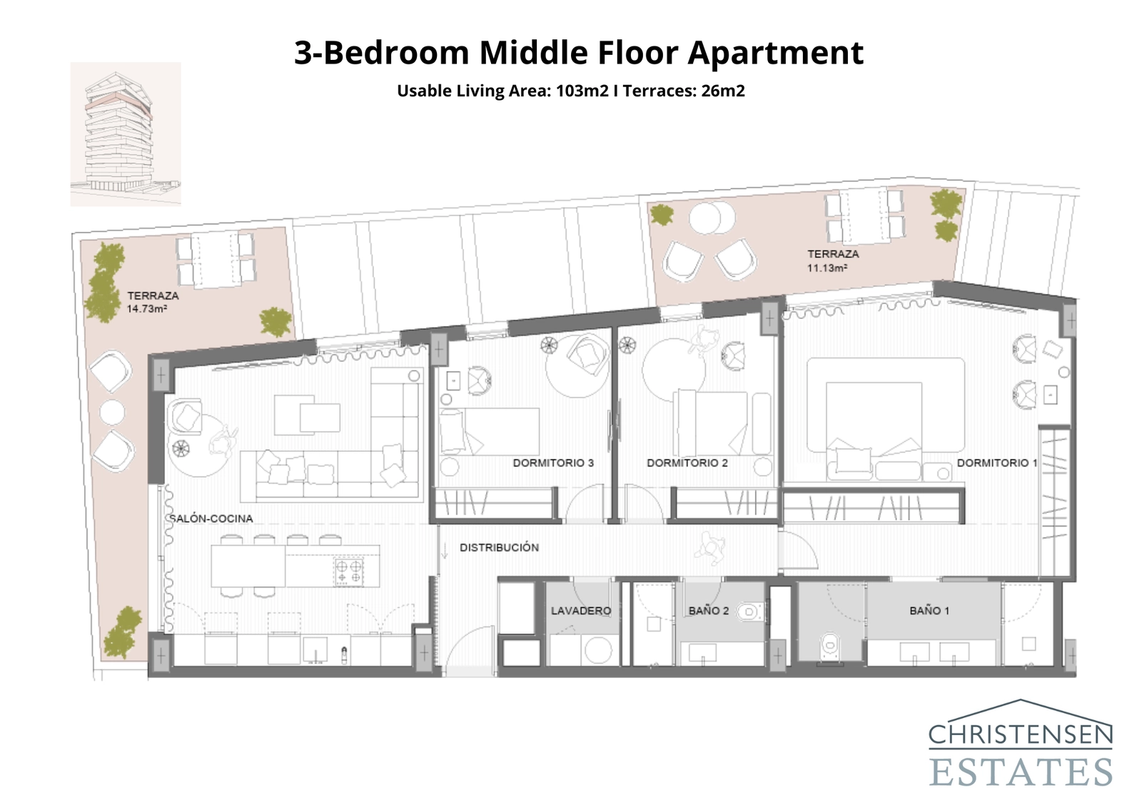 Eine geräumige Drei-Schlafzimmer-Wohnung mit großzügigen Terrassen, konzipiert für komfortables Familienleben und Unterhaltung.