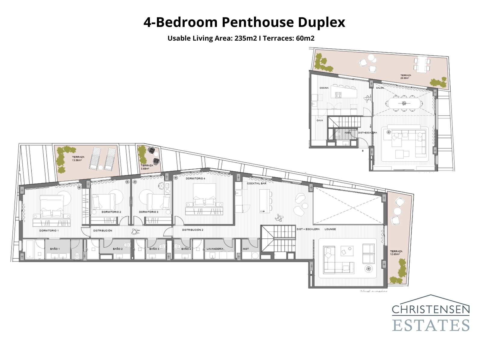 Die weitläufige Vier-Schlafzimmer-Duplex-Dachgeschosswohnung bietet ein luxuriöses Wohngefühl auf zwei Ebenen mit mehreren Außenbereichen.