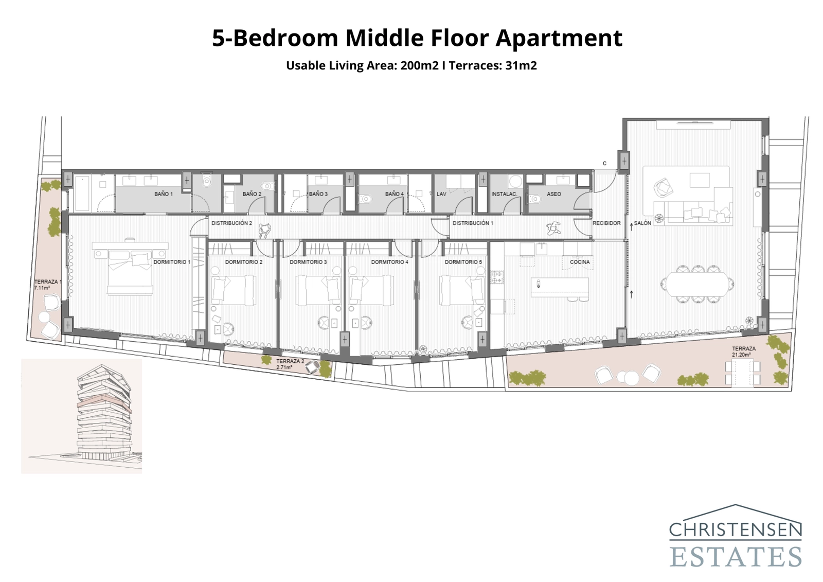 Diese große Fünf-Schlafzimmer-Residenz bietet viel Platz und eine durchdachte Aufteilung für höchsten Komfort und Privatsphäre.