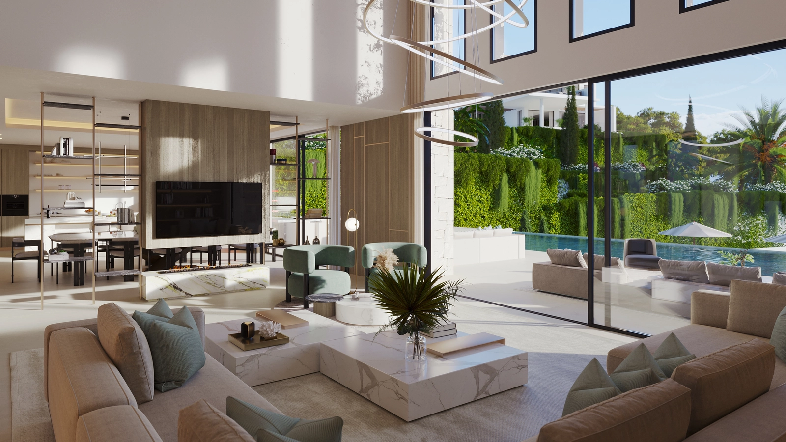 Hohe Decken mit doppelter Raumhöhe und große Fenster durchfluten die Innenräume mit natürlichem Licht und verstärken das Raumgefühl.