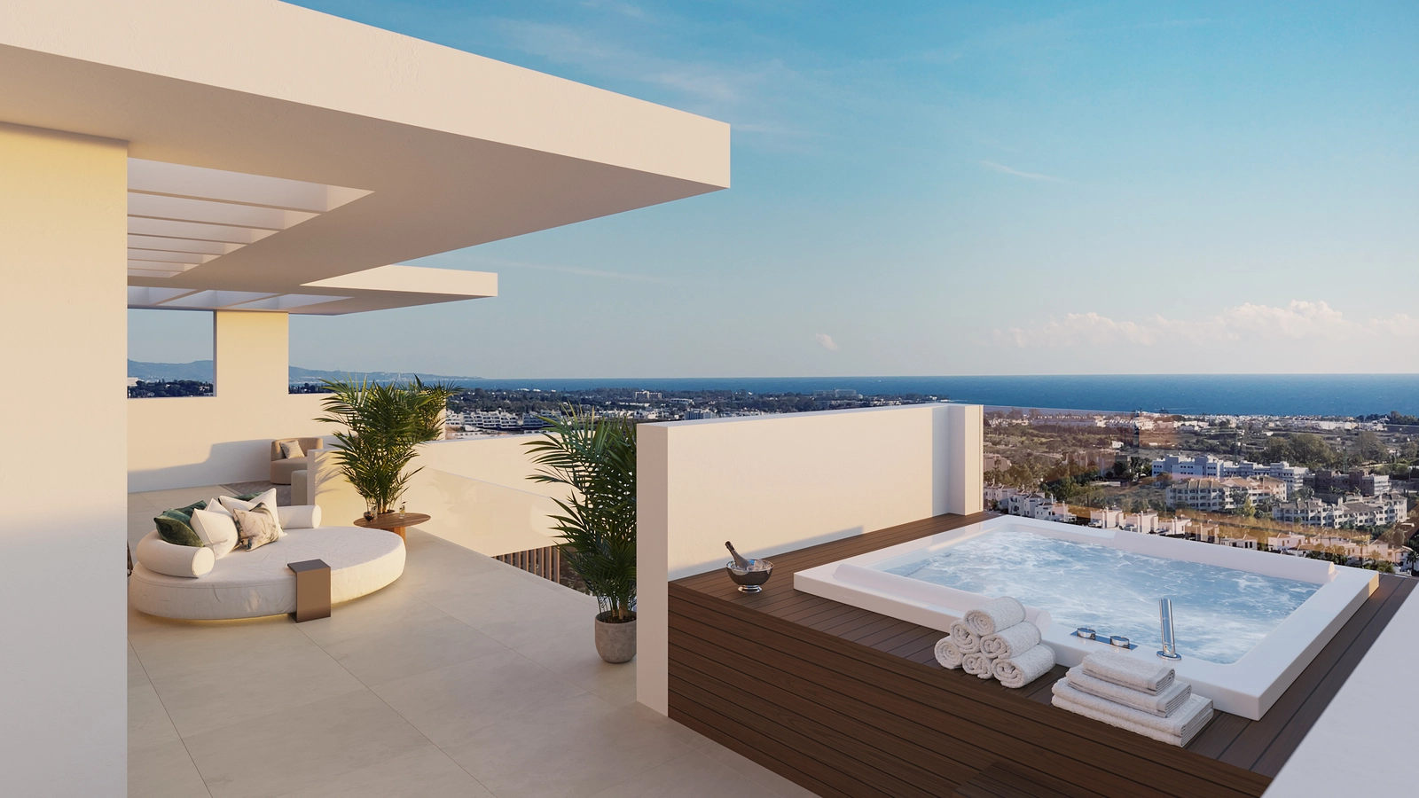 Eine private Dachterrasse mit Whirlpool bietet den perfekten Ort, um zu entspannen und den Sonnenuntergang über der Costa del Sol zu beobachten.