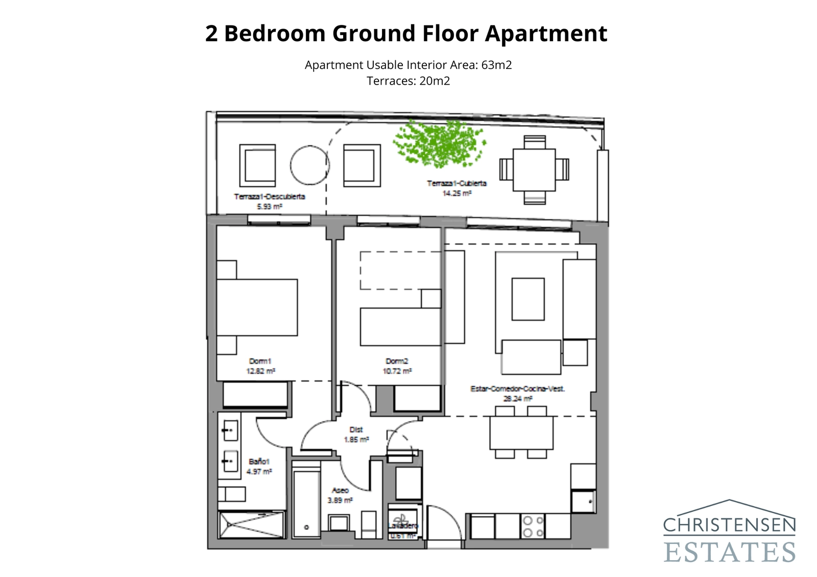 Dieser effiziente Grundriss mit zwei Schlafzimmern im Erdgeschoss umfasst eine private Terrasse für entspanntes Wohnen im Freien.