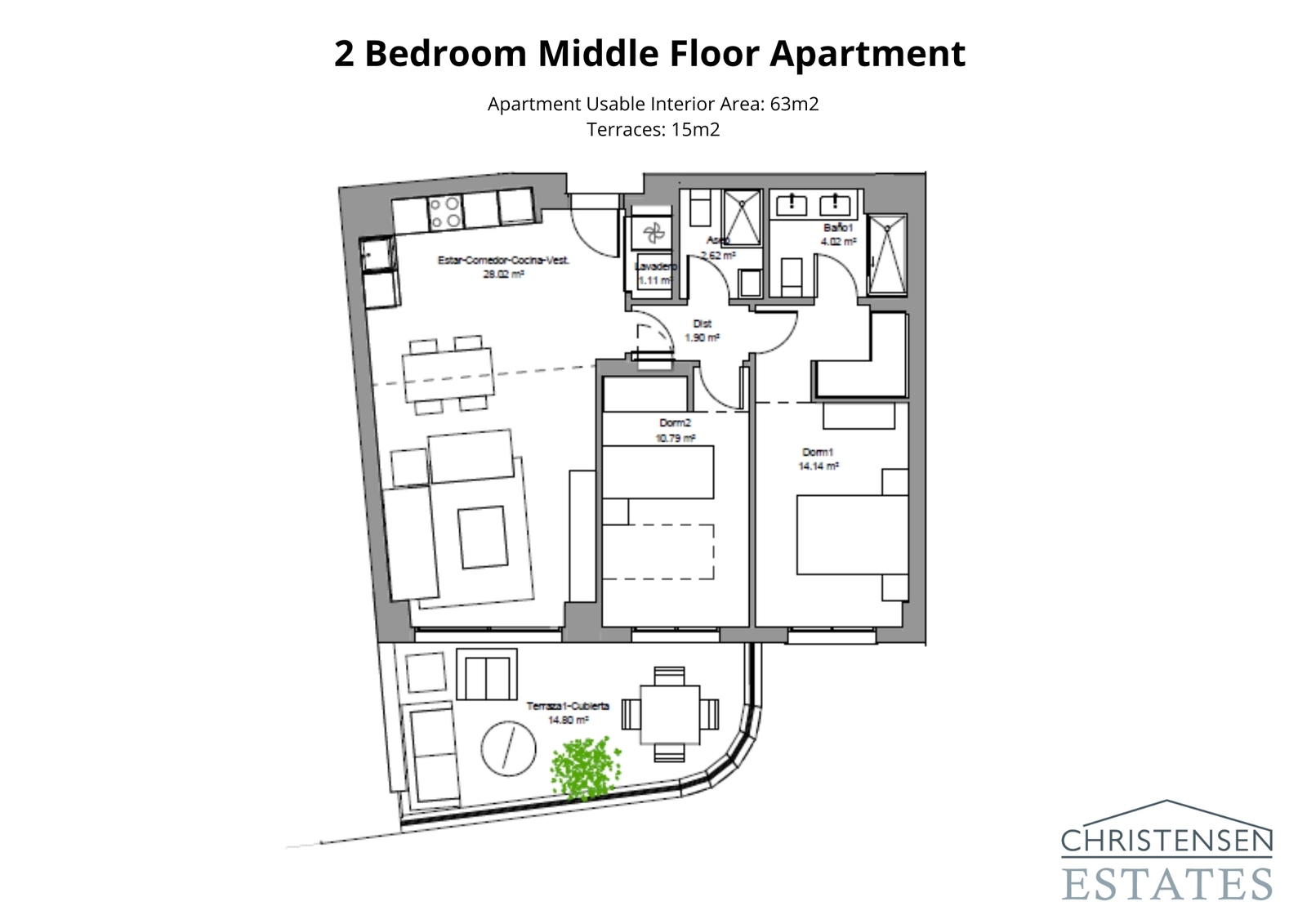 Ein gut durchdachter Grundriss einer Zwei-Zimmer-Wohnung, der eine intelligente Raumnutzung zeigt und den Wohnbereich mit einer großzügigen Terrasse verbindet.