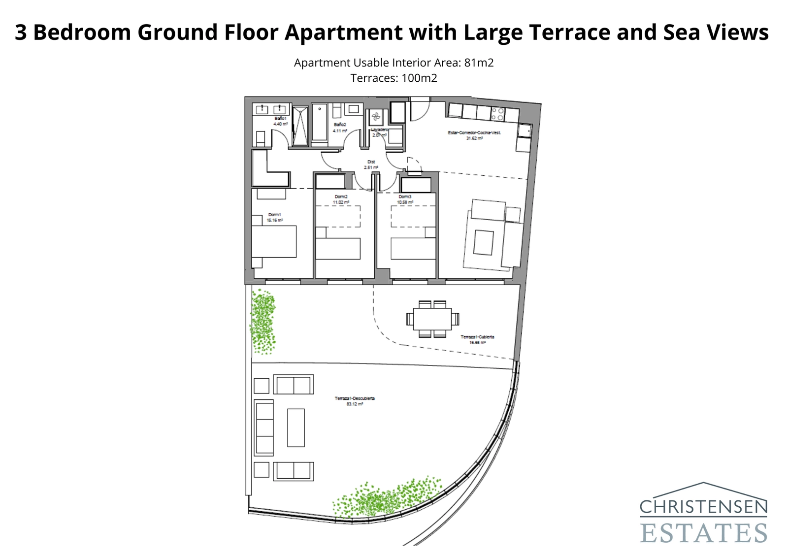 Geräumige Drei-Zimmer-Erdgeschosswohnung mit einer außergewöhnlich großen Terrasse, perfekt für Familien und Unterhaltung.