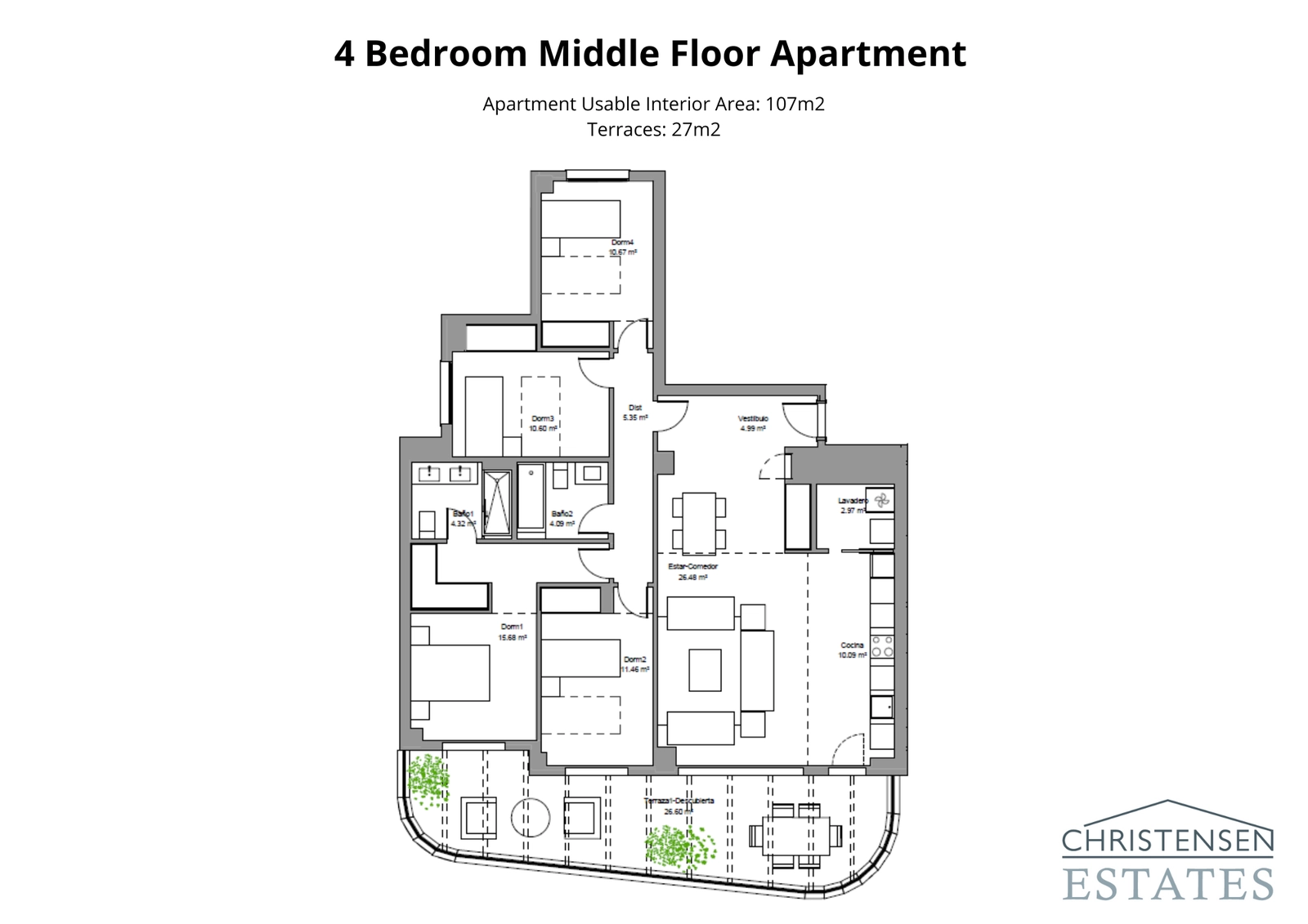 Ein großzügiger Grundriss mit vier Schlafzimmern, der viel Platz für Komfort und einen nahtlosen Übergang zur Außenterrasse bietet.